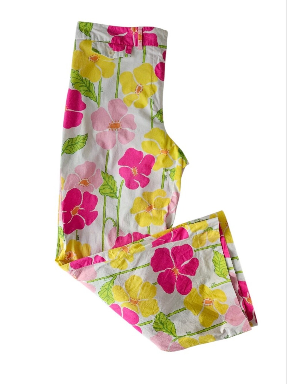 LILLY PULITZER Hibiscus Floral Print Flare Pants White Pink Yellow | SZ 8